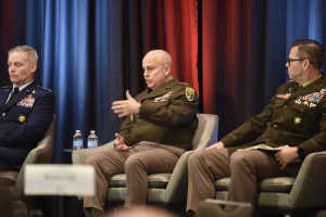 In the photo: Army Lt. Gen. Thomas James, center, deputy commander of U.S. Space Command, speaks on a panel at the National Defense Industrial Association's 35th annual Special Operations Symposium in Washington, Feb. 20, 2025. Air Force Gen. Timothy Haugh, commander of U.S. Cyber Command, left, and Army Lt. Gen. Richard Angle, commander of Allied Special Operations Forces Command at NATO and Special Operations Command Europe, right, look on. Photo Credit: David Vergun, DOD